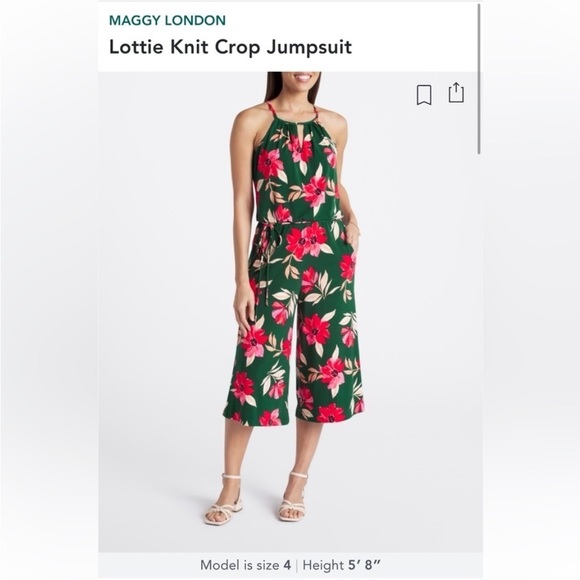 Maggy London Lottie Wide Leg Knit Crop Jumpsuit Jumper Size 4 Green Red Floral - Picture 2 of 15